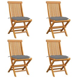 Krzesła ogrodowe z szarymi poduszkami, 4 szt., drewno tekowe