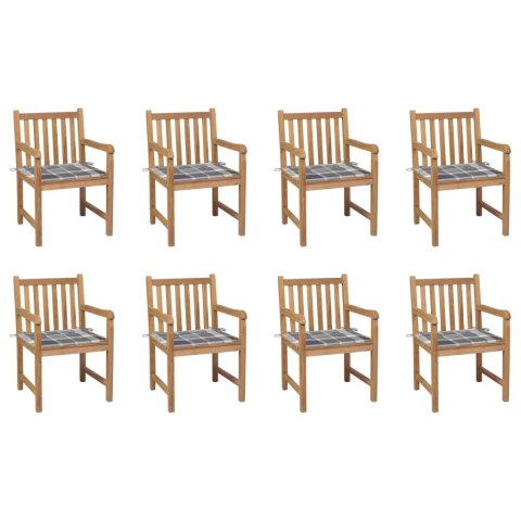 Krzesła ogrodowe, 8 szt., z poduszkami w szarą kratkę, tekowe
