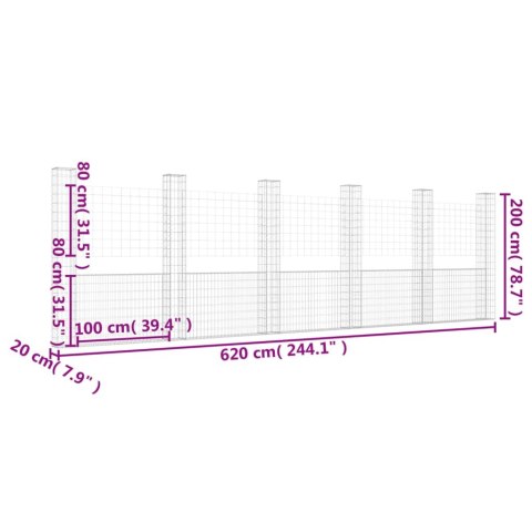 Ogrodzenie gabionowe z 6 słupkami, żelazo, 620x20x200 cm