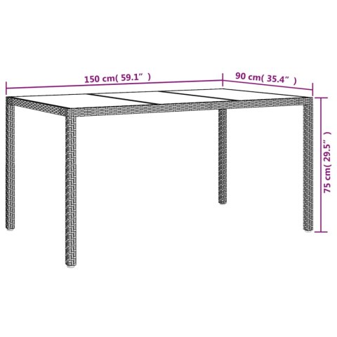 Stół ogrodowy, 150x90x75 cm, szkło i rattan PE, brązowy