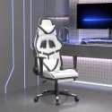 Masujący fotel gamingowy z podnóżkiem, biało-czarny