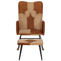 Fotel bujany z podnóżkiem, brązowy, skóra naturalna i płótno