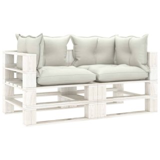 Ogrodowa sofa 2-osobowa z palet, z beżowymi poduszkami