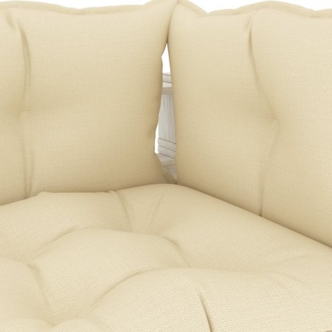 Ogrodowe siedzisko narożne z palet, z kremowymi poduszkami