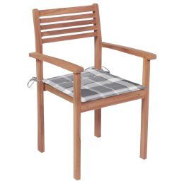 Krzesła ogrodowe, 4 szt., z poduszkami w szarą kratkę, tekowe