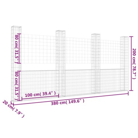 Ogrodzenie gabionowe z 4 słupkami, żelazo, 380x20x200 cm