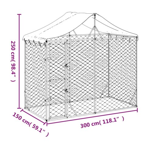 Kojec dla psa, z dachem, srebrny, 3x1,5x2,5 m, stal