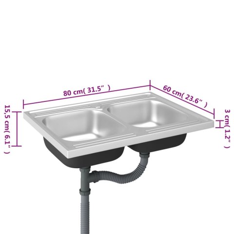 Zlew kuchenny dwukomorowy, srebrny, 800x600x155 mm, stal