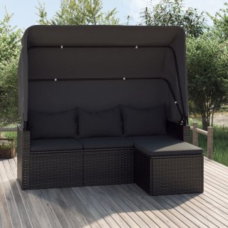 3-os. sofa ogrodowa z daszkiem i podnóżkiem, polirattan, czarna