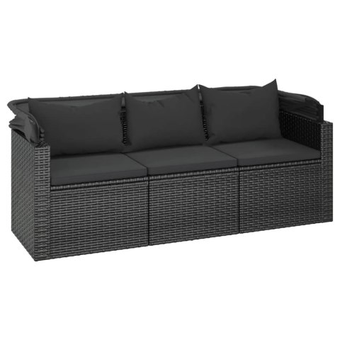 3-os. sofa ogrodowa z daszkiem i podnóżkiem, polirattan, czarna
