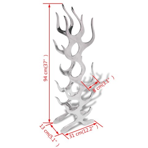 Stojak na wino, 9 butelek, kształt płomienia, aluminium srebrny