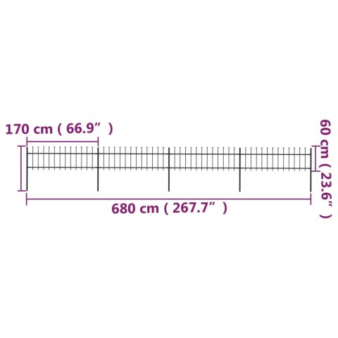 Ogrodzenie z prętów z grotami, stalowe, 6,8 x 0,6 m, czarne