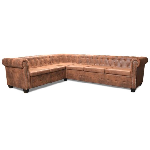 Sofa rogowa Chesterfield sześcioosobowa brązowa, sztuczna skóra