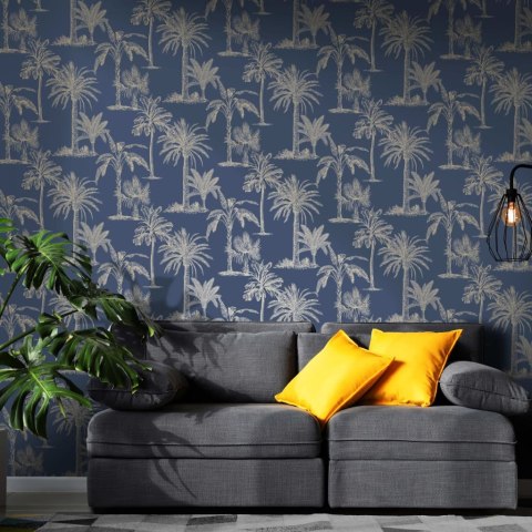 DUTCH WALLCOVERINGS Tapeta we wzór drzew tropikalnych, granat i srebro