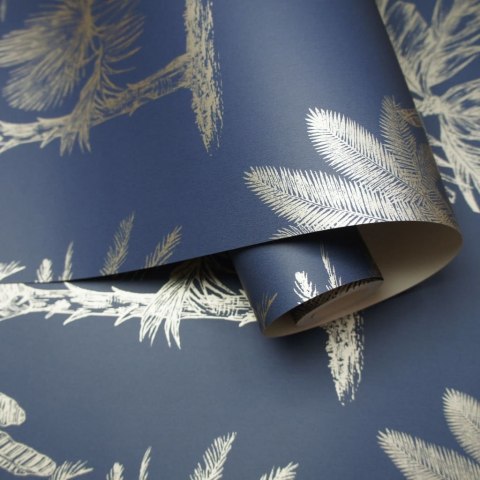 DUTCH WALLCOVERINGS Tapeta we wzór drzew tropikalnych, granat i srebro