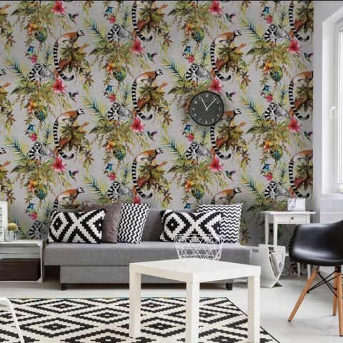 DUTCH WALLCOVERINGS Tapeta z motywem lemurów, srebrna