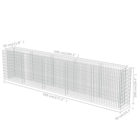 Podwyższona donica gabionowa, galwanizowana stal, 450x50x100 cm