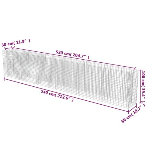 Podwyższona donica gabionowa, galwanizowana stal, 540x50x100 cm