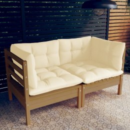  2-osobowa sofa ogrodowa z kremowymi poduszkami, drewno sosnowe