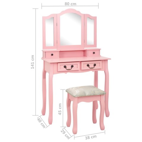 Toaletka ze stołkiem, różowa, 80x69x141 cm, drewno paulowni