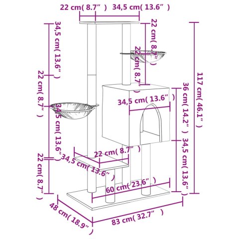 Drapak dla kota, z sizalowymi słupkami, jasnoszary, 117 cm