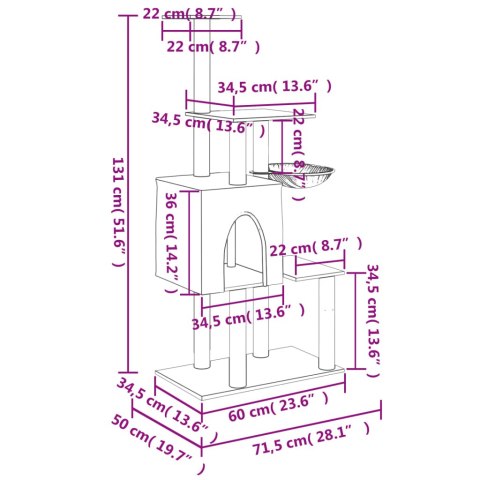 Drapak dla kota z sizalowymi słupkami, kremowy, 131 cm