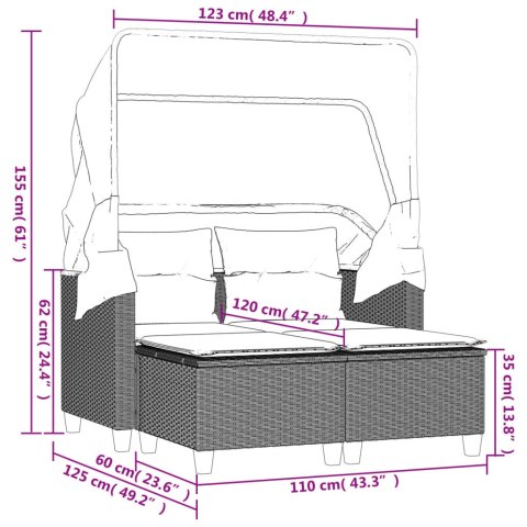 2-os. sofa ogrodowa z daszkiem i podnóżkami, czarna, rattan PE