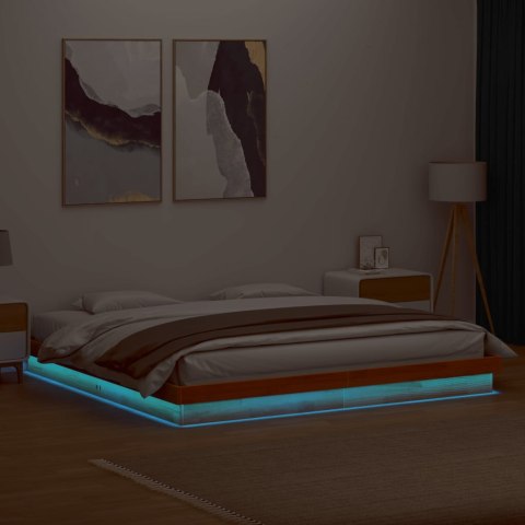 Rama łóżka z LED, woskowy brąz, 200x200 cm, lite drewno sosnowe