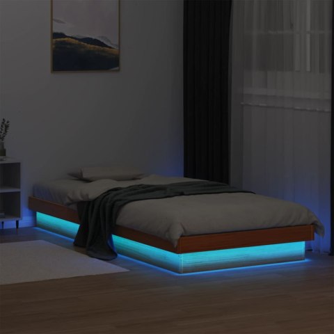 Rama łóżka z LED, woskowy brąz, 90x200 cm, lite drewno sosnowe