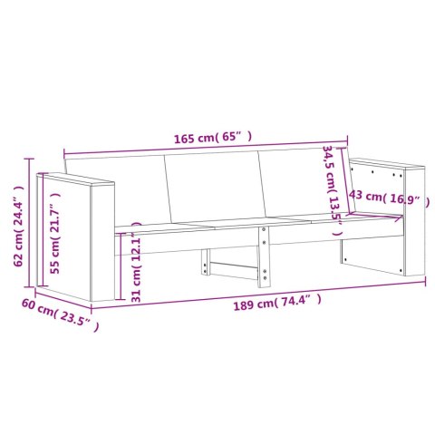 Ogrodowa sofa 3-osobowa, 189x60x62 cm, lite drewno sosnowe