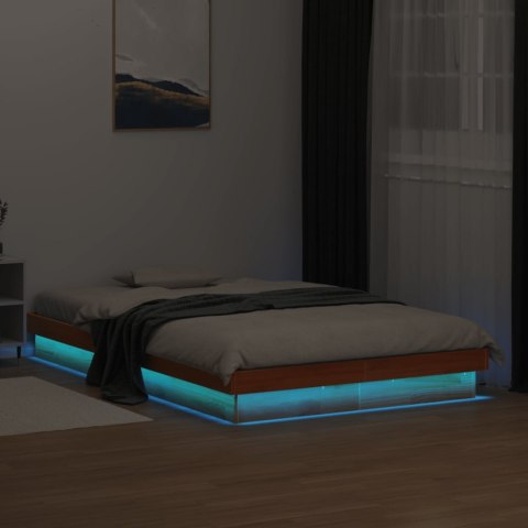 Rama łóżka z LED, woskowy brąz, 140x200 cm, lite drewno sosnowe