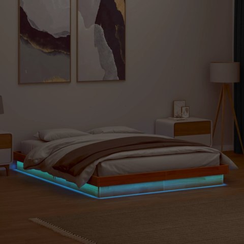 Rama łóżka z LED, woskowy brąz, 160x200 cm, lite drewno sosnowe